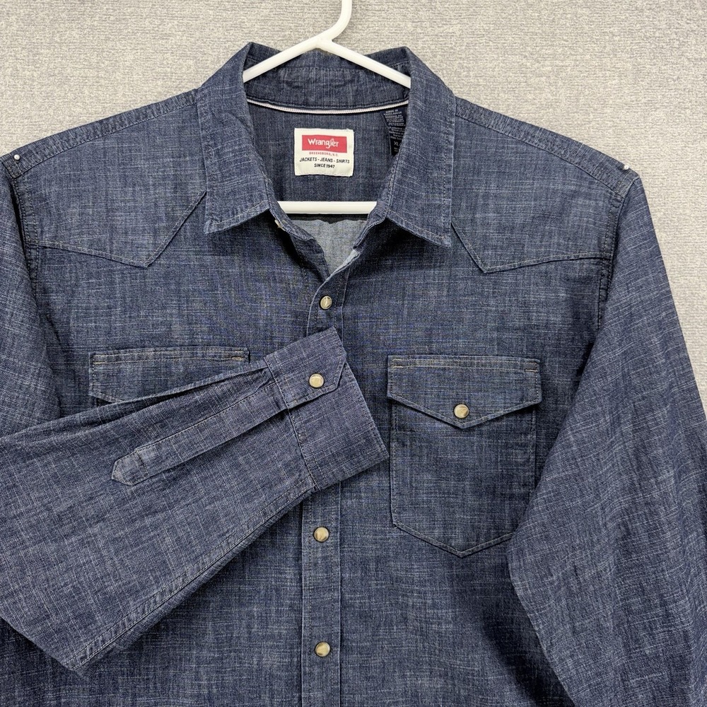 Wrangler Western Shirt Men Size XL Dark Blue Pearl Snap Button Long Sleeve